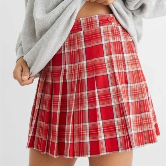 Aerie Plaid Class Act Pleated Mini Skirt Red White Preppy Y2K Size Large - Picture 1 of 9